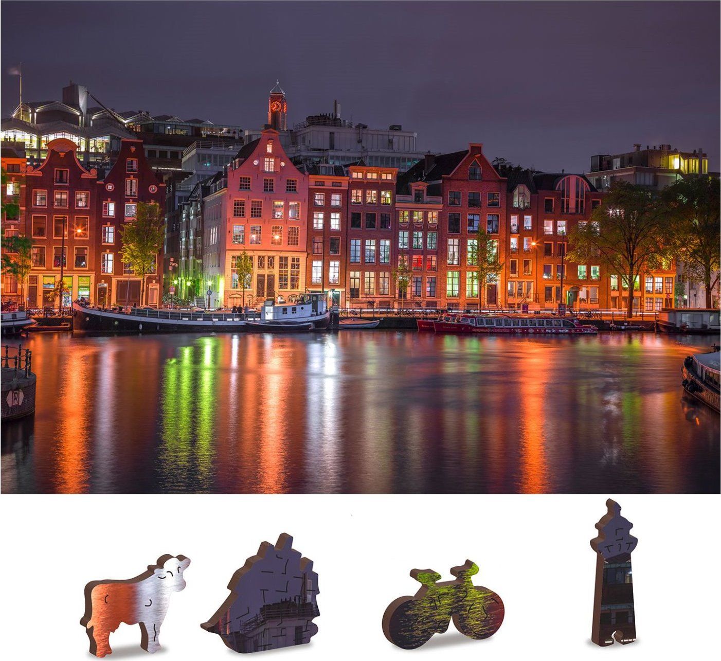 WOODEN CITY Dřevěné puzzle Noční Amsterdam 2v1, 600 dílků EKO - obrázek 1