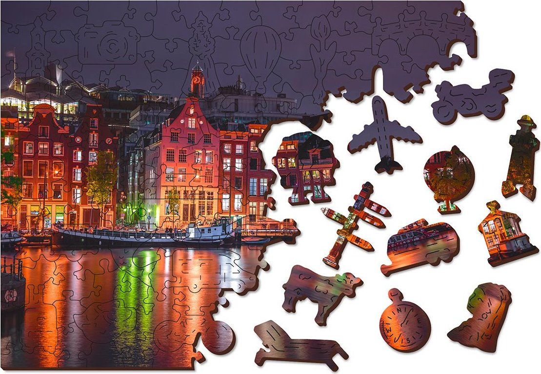 WOODEN CITY Dřevěné puzzle Noční Amsterdam 2v1, 600 dílků EKO - obrázek 4