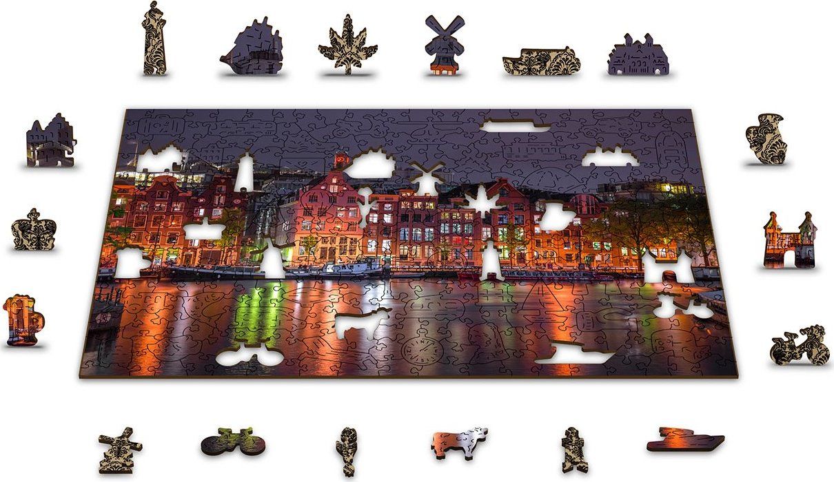 WOODEN CITY Dřevěné puzzle Noční Amsterdam 2v1, 600 dílků EKO - obrázek 7