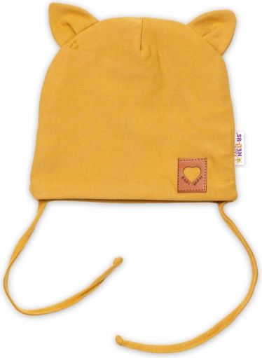 Baby Nellys Baby Nellys Bavlněná dvouvrstvá čepice s oušky na zavazování FOX - hořčicová, vel. 68/74 68-74 (6-9m) - obrázek 1