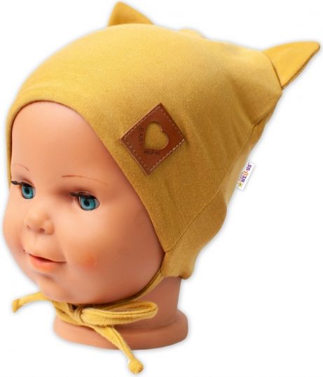 Baby Nellys Baby Nellys Bavlněná dvouvrstvá čepice s oušky na zavazování FOX - hořčicová, vel. 68/74 68-74 (6-9m) - obrázek 2