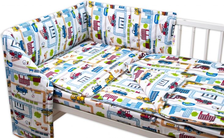 Baby Nellys Baby Nellys 3-dílná sada Mantinel s povlečením - Stavební stroje, bílá, 135 x 100 - obrázek 1
