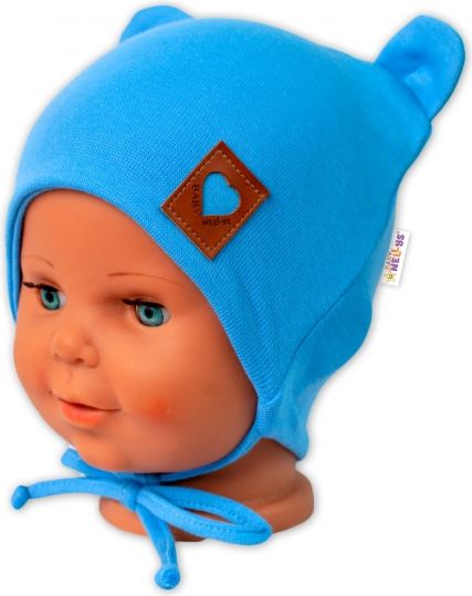 Baby Nellys Baby Nellys Bavlněná dvouvrstvá čepice s oušky na zavazování TEDDY - modrá 56-62 (0-3m) - obrázek 2