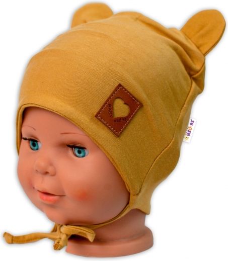 Baby Nellys Baby Nellys Bavlněná dvouvrstvá čepice s oušky na zavazování TEDDY - hořčicová, 80/86 80-86 (12-18m) - obrázek 2