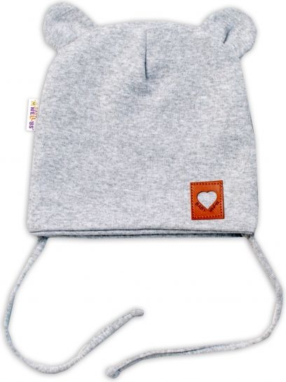 Baby Nellys Baby Nellys Bavlněná dvouvrstvá čepice s oušky na zavazování TEDDY - šedý melírek, 80/86 80-86 (12-18m) - obrázek 1