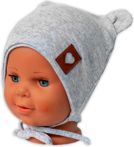 Baby Nellys Baby Nellys Bavlněná dvouvrstvá čepice s oušky na zavazování TEDDY - šedý melírek, 80/86 80-86 (12-18m) - obrázek 2