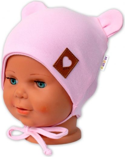 Baby Nellys Baby Nellys Bavlněná dvouvrstvá čepice s oušky na zavazování TEDDY - růžová 56-62 (0-3m) - obrázek 2