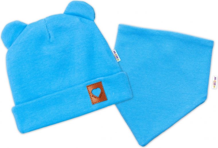 Baby Nellys Baby Nellys Žebrovaná dvouvrstvá čepice s oušky + šátek TEDDY - modrá, 68/74 68-74 (6-9m) - obrázek 1