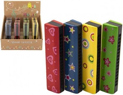Teddies Harmonika dřevěná 13cm 4 barvy v blistru 12ks v boxu