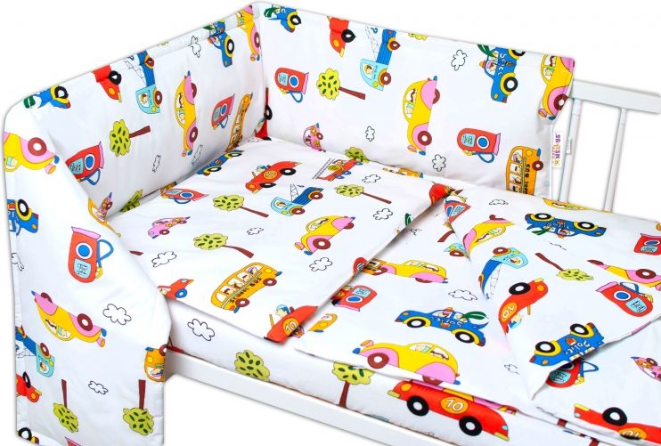 Baby Nellys Baby Nellys 3-dílná sada Mantinel s povlečením - Retro Autíčka, bílá, 135 x 100 - obrázek 1