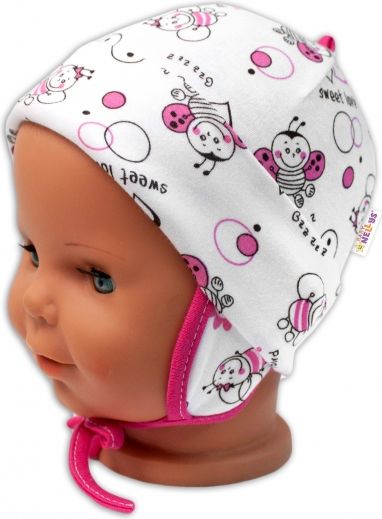 Baby Nellys Baby Nellys Bavlněná čepička s oušky na zavazování - Beruška, bílá 50-56 (0-2m) - obrázek 1