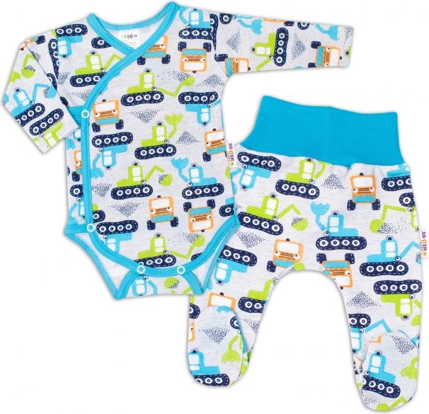 Baby Nellys Baby Nellys 2-dílná sada, body dl.rukáv zap. bokem + polodupačky Bagr, šedá, vel. 62 62 (3-6m) - obrázek 1
