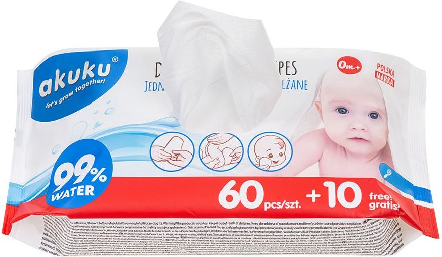 Dětské vlhčené ubrousky Akuku 99% vody 60 + 10 ks ZDARMA - obrázek 1