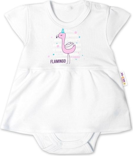 Baby Nellys Baby Nellys Bavlněné kojenecké sukničkobody, kr. rukáv, Flamingo - bílé 56 (0-3m) - obrázek 1
