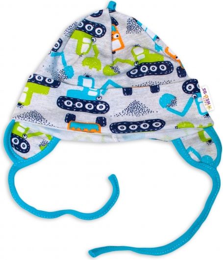 Baby Nellys Baby Nellys Bavlněná čepička s oušky na zavazování - Bagr, šedá 50-56 (0-2m) - obrázek 1