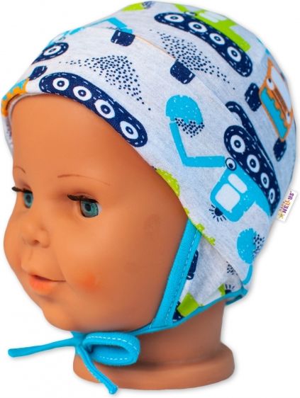 Baby Nellys Baby Nellys Bavlněná čepička s oušky na zavazování - Bagr, šedá, vel. 62/68 62-68 (3-6m) - obrázek 2
