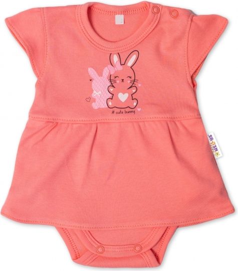 Baby Nellys Baby Nellys Bavlněné kojenecké sukničkobody, kr. rukáv, Cute Bunny - lososové 56 (0-3m) - obrázek 1
