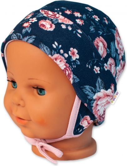 Baby Nellys Baby Nellys Bavlněná čepička s oušky na zavazování- Růžičky, pudrová/granátová, vel. 74/80 74-80 (9-12m) - obrázek 2