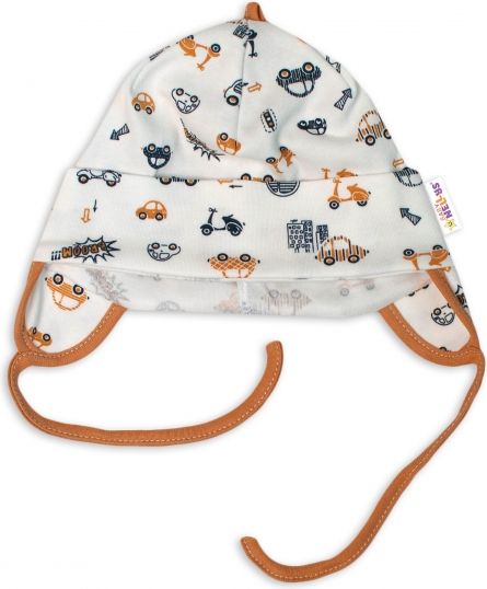 Baby Nellys Baby Nellys Bavlněná čepička s oušky na zavazování- Car, smetanová/hnědá 50 - obrázek 1