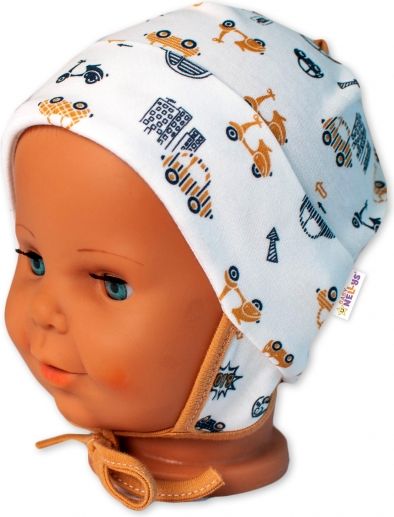 Baby Nellys Baby Nellys Bavlněná čepička s oušky na zavazování- Car, smetanová/hnědá 50 - obrázek 2