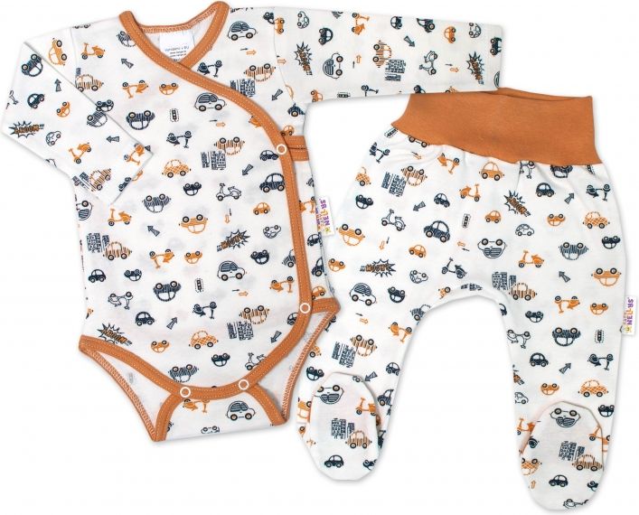 Baby Nellys Baby Nellys 2-dílná sada, body dl.rukáv zap. bokem + polodupačky Car, smetanová 50 - obrázek 1