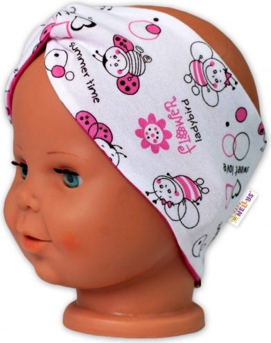 Baby Nellys Baby Nellys Bavlněná dětská čelenka Berušky- bílá/růžová, 92-98 92-98 (18-36m) - obrázek 2