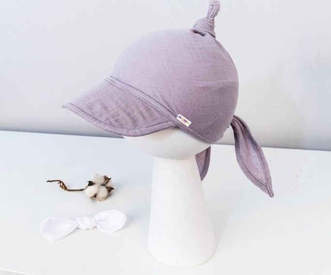 Baby Nellys Baby Nellys Lehký mušelínový šátek s kšiltem na zavazování + mašle, šedá 80-98 (9-36m) - obrázek 2