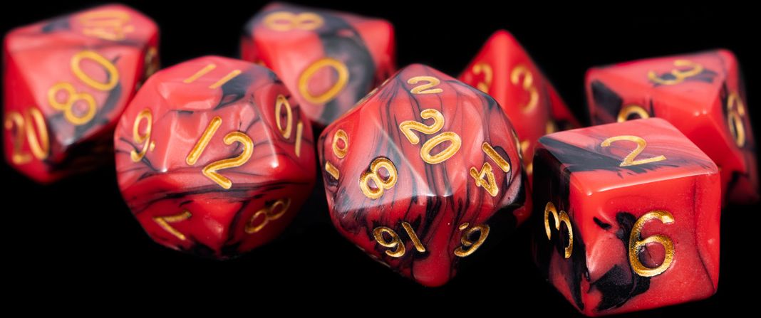 TLAMA games Sada 7 dvoubarevných perleťových kostek pro RPG Barva: červeno-černá - obrázek 9