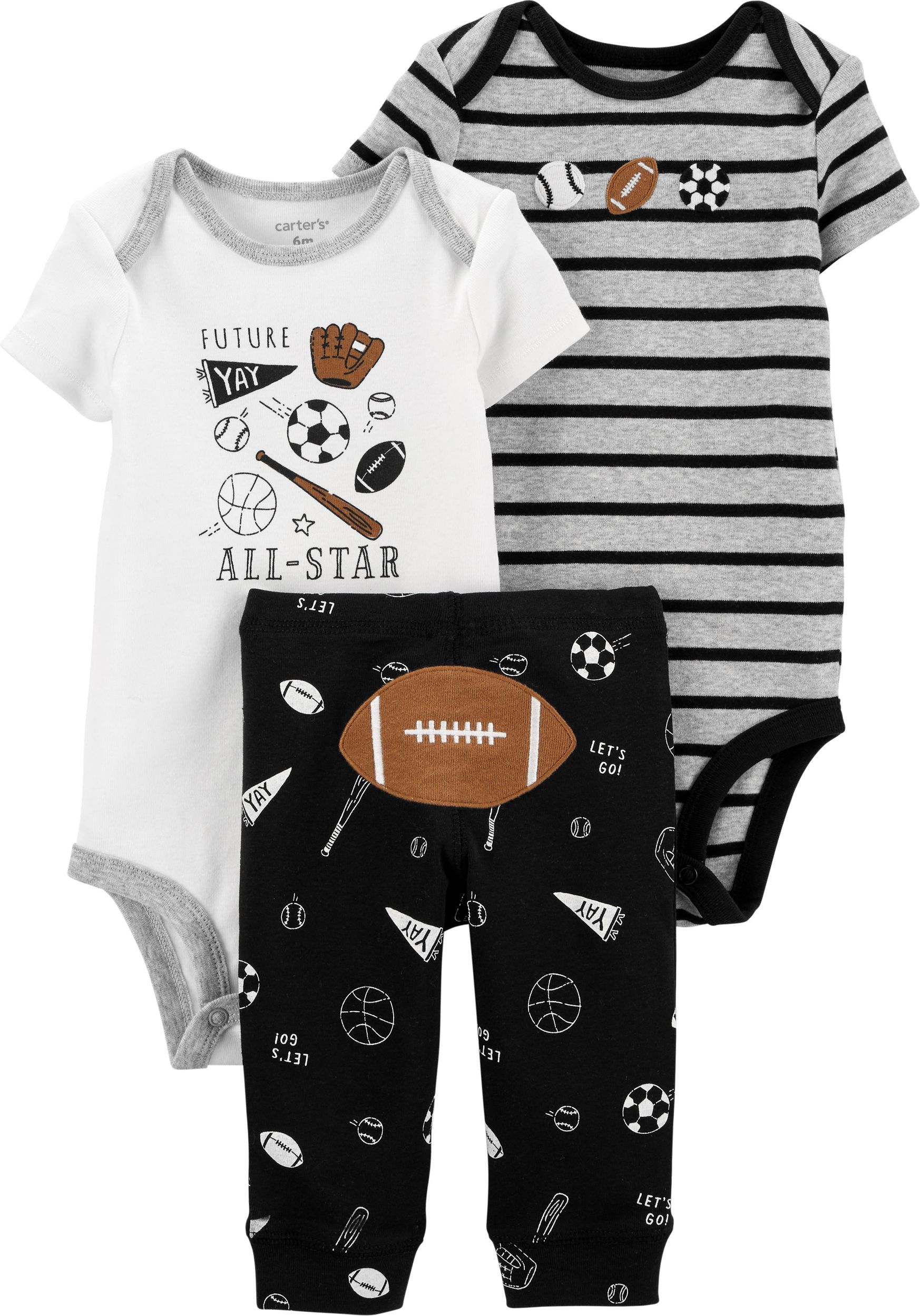 CARTER'S Set 3dílný body krátký rukáv 2 ks, kalhoty Football Black chlapec LBB NB/vel. 56 - obrázek 1