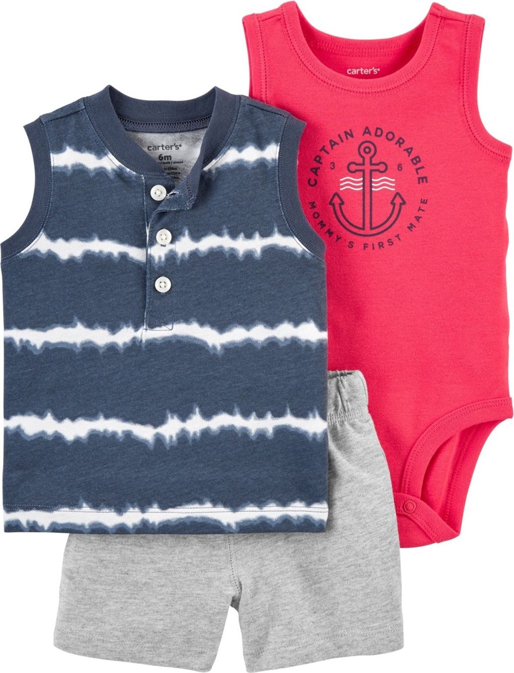 CARTER'S Set 3dílný body tílko, tričko bez rukávů, kalhoty kr. Blue Ty chlapec 6 m, vel. 68 - obrázek 1