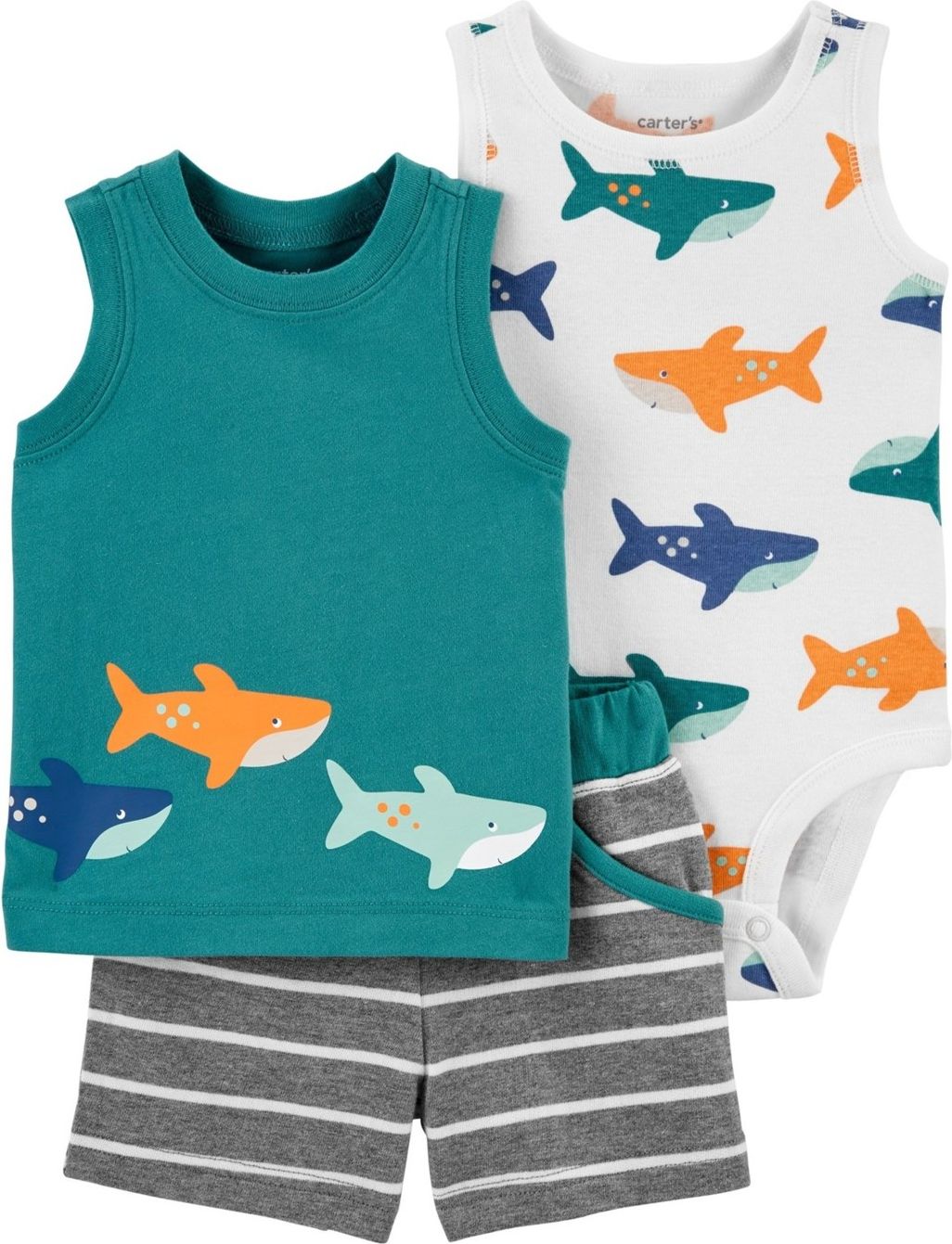 CARTER'S Set 3dílný body tílko, tričko bez rukávů, kalhoty kr. Green Shark chlapec 9 m, vel. 74 - obrázek 1