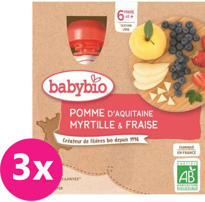 3x BABYBIO Kapsička jablko borůvky jahody - ovocný příkrm (4x90 g) - obrázek 1