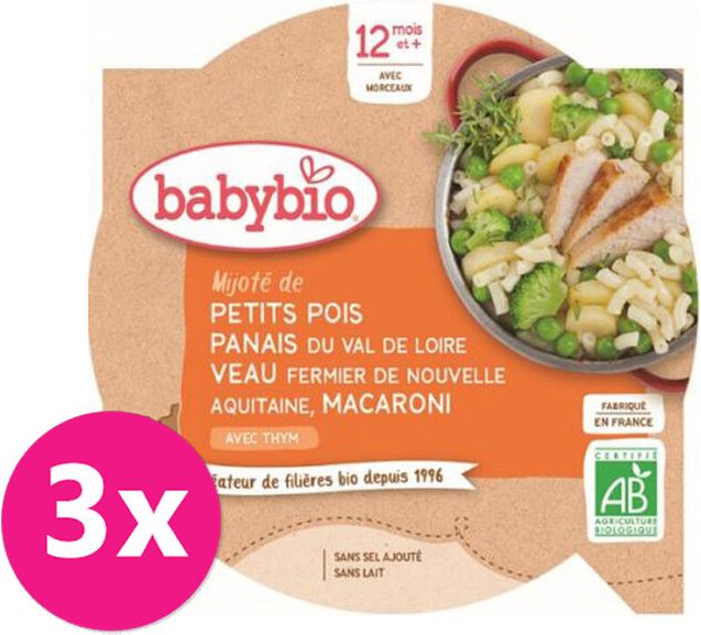 3x BABYBIO Hrášek s pastinákem, telecím masem a makarony 230 g - obrázek 1