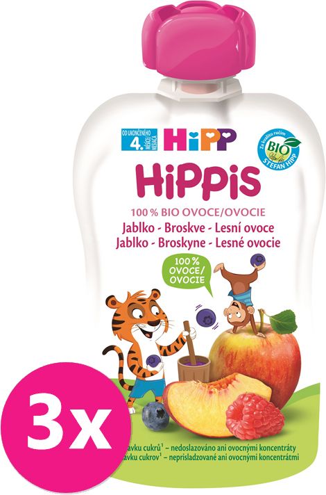 3x HiPP HiPPiS BIO 100% ovoce Jablko-Broskev-Lesní ovoce 100 g – ovocný příkrm - obrázek 1