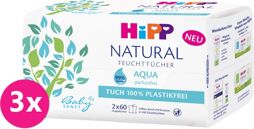 3x HiPP Babysanft Čistící vlhčené ubrousky Aqua Natural 2x60 ks - obrázek 1