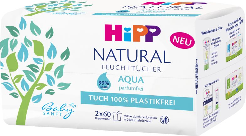 3x HiPP Babysanft Čistící vlhčené ubrousky Aqua Natural 2x60 ks - obrázek 2