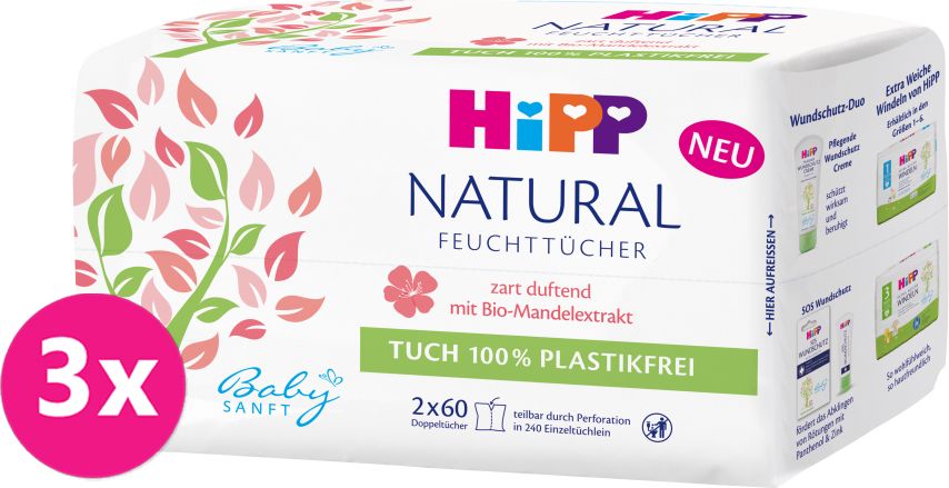 3x HiPP Babysanft Čistící vlhčené ubrousky Natural 2x60 ks - obrázek 1