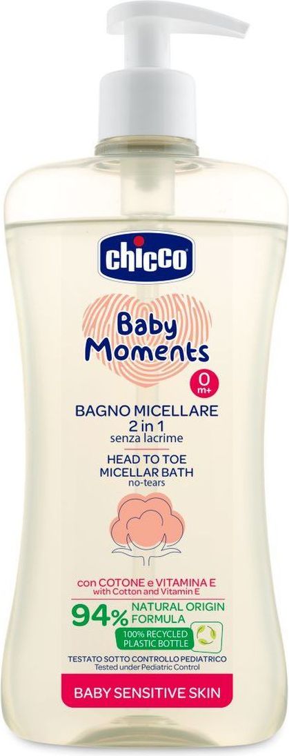 CHICCO Šampon micelární na vlasy a tělo s dávkovačem Baby Moments Sensitive 94% přírod. složek 500ml - obrázek 1