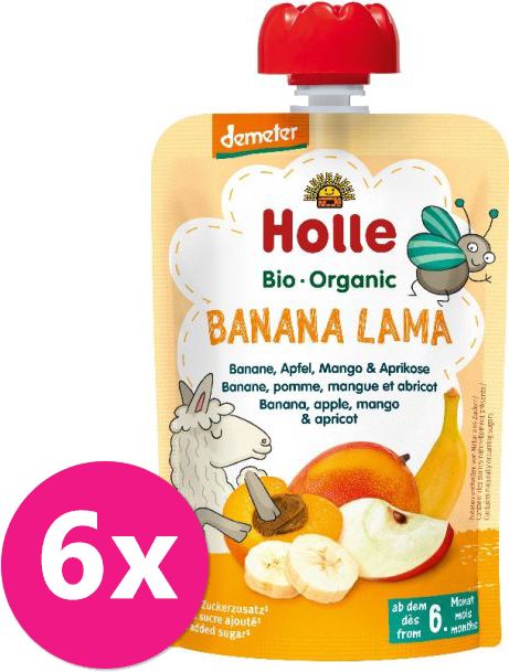 6x HOLLE Banana lama Bio ovocné pyré banán, jablko, mango, meruňka, 100 g (6 m+) - obrázek 1