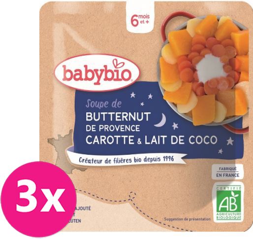 3x BABYBIO Polévka z máslové dýně s mrkví a kokosovým mlékem 190 g – zeleninový příkrm - obrázek 1