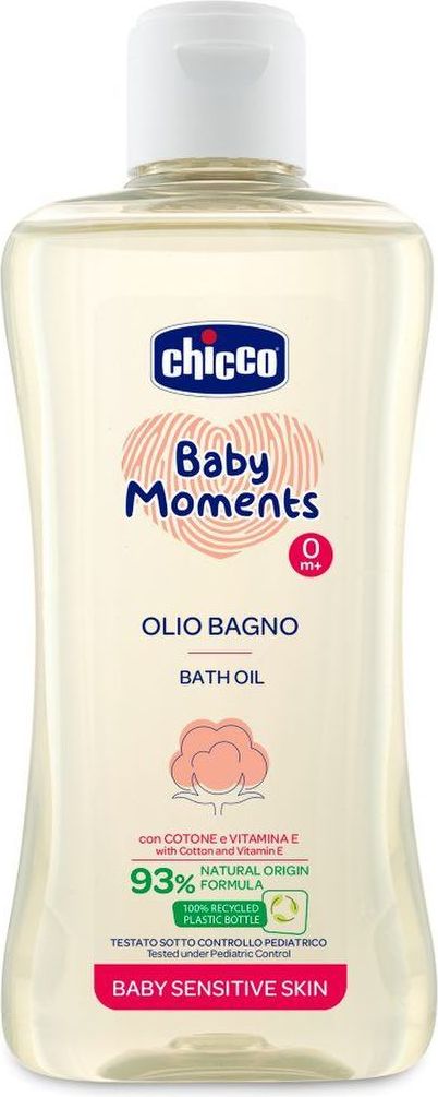 CHICCO Olej do koupele s bavlnou a vitamínem E Baby Moments Sensitive 93 % přírodních složek 200 ml - obrázek 1