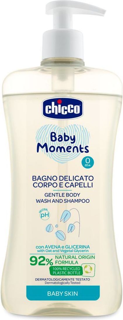 CHICCO Šampon jemný na vlasy a tělo s dávkovačem Baby Moments 92 % přírodních složek 500 ml - obrázek 1