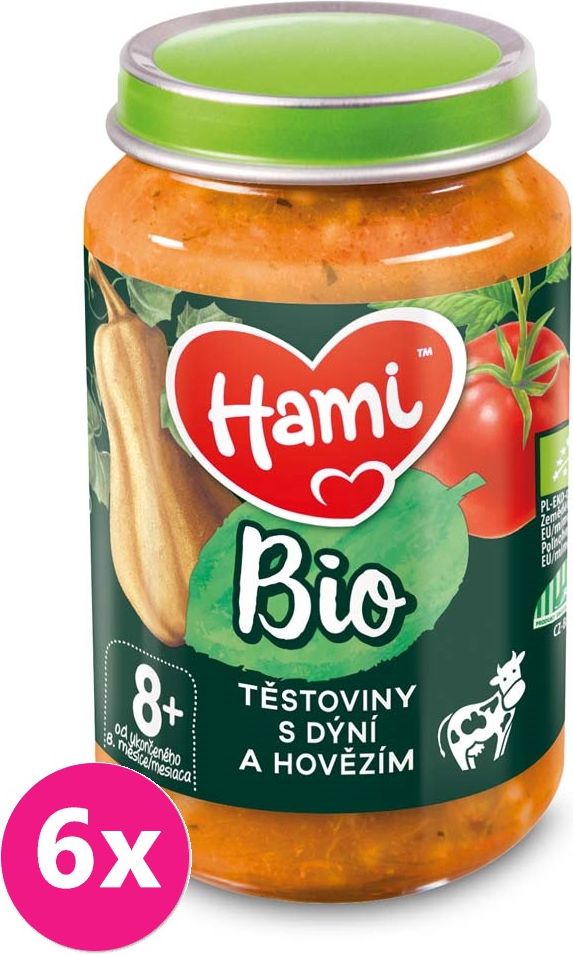 6x HAMI BIO Masozeleninový příkrm Těstoviny s dýní a hovězím 190 g, 8+ - obrázek 1