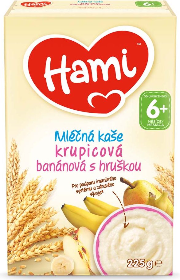 7x HAMI Mléčná kaše krupicová banánová a hruškou 225 g, 6+ - obrázek 2