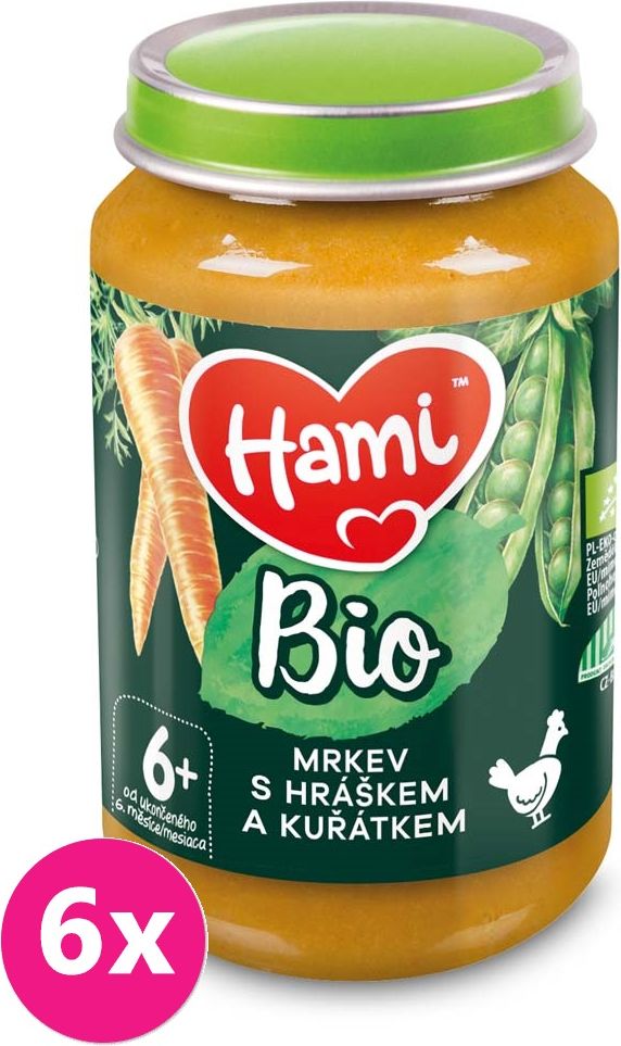 6x HAMI BIO Masozeleninový příkrm Mrkev s hráškem a kuřátkem 190 g, 6+ - obrázek 1