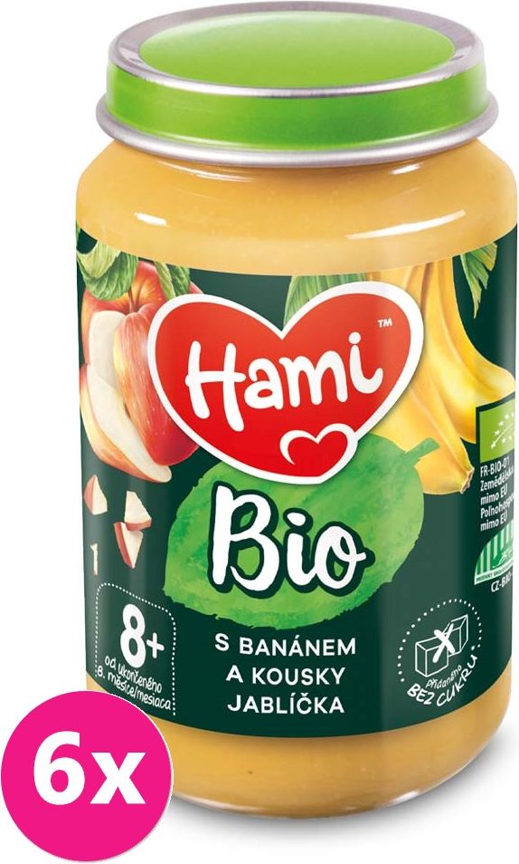 6x HAMI BIO Ovocný příkrm S banánem a kousky jablíčka 190 g, 8+ - obrázek 1