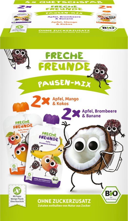 Freche Freunde BIO MIX 2 druhy Jablko, mango s kokosem a Ostružina s banánem 4x100g - obrázek 1