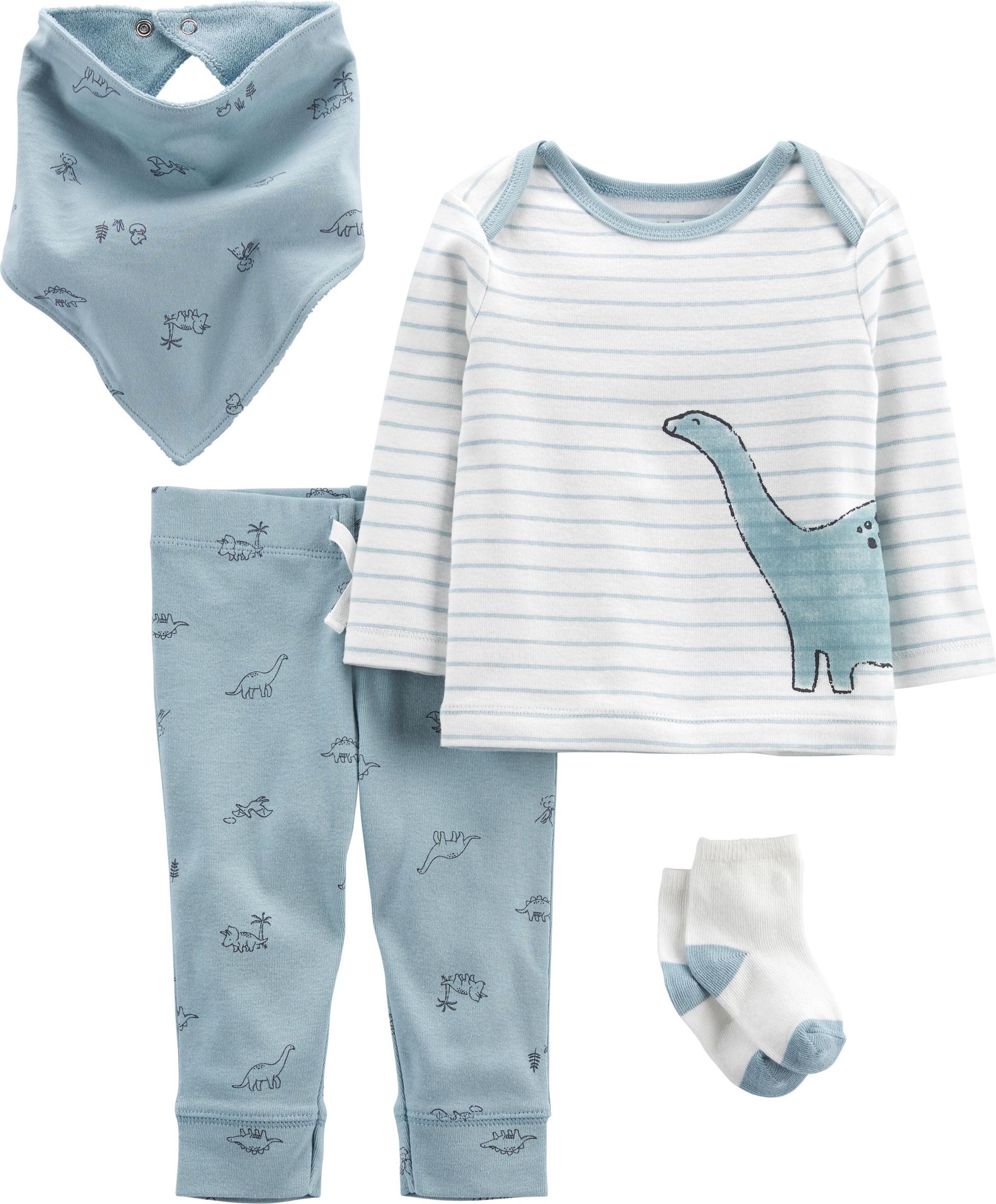 CARTER'S Set 4dílny tričko dl. rukáv, tepláky, ponožky, bryndáček Blue Dino chlapec LBB NB, vel. 56 - obrázek 1