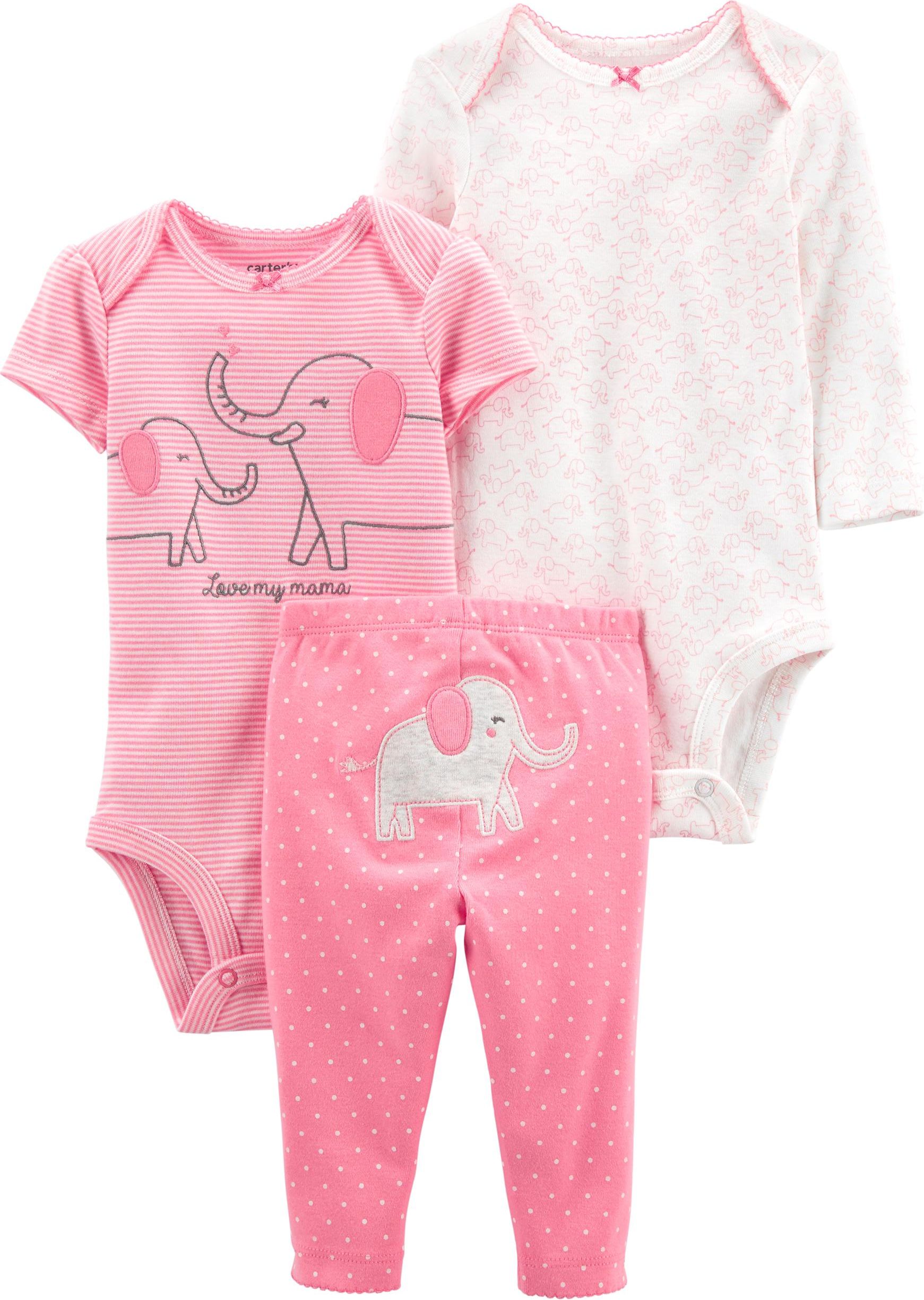 CARTER'S Set 3dílný body kr. rukáv, body dl. rukáv, tepláky Pink Elephant dívka LBB 9m, vel. 74 - obrázek 1