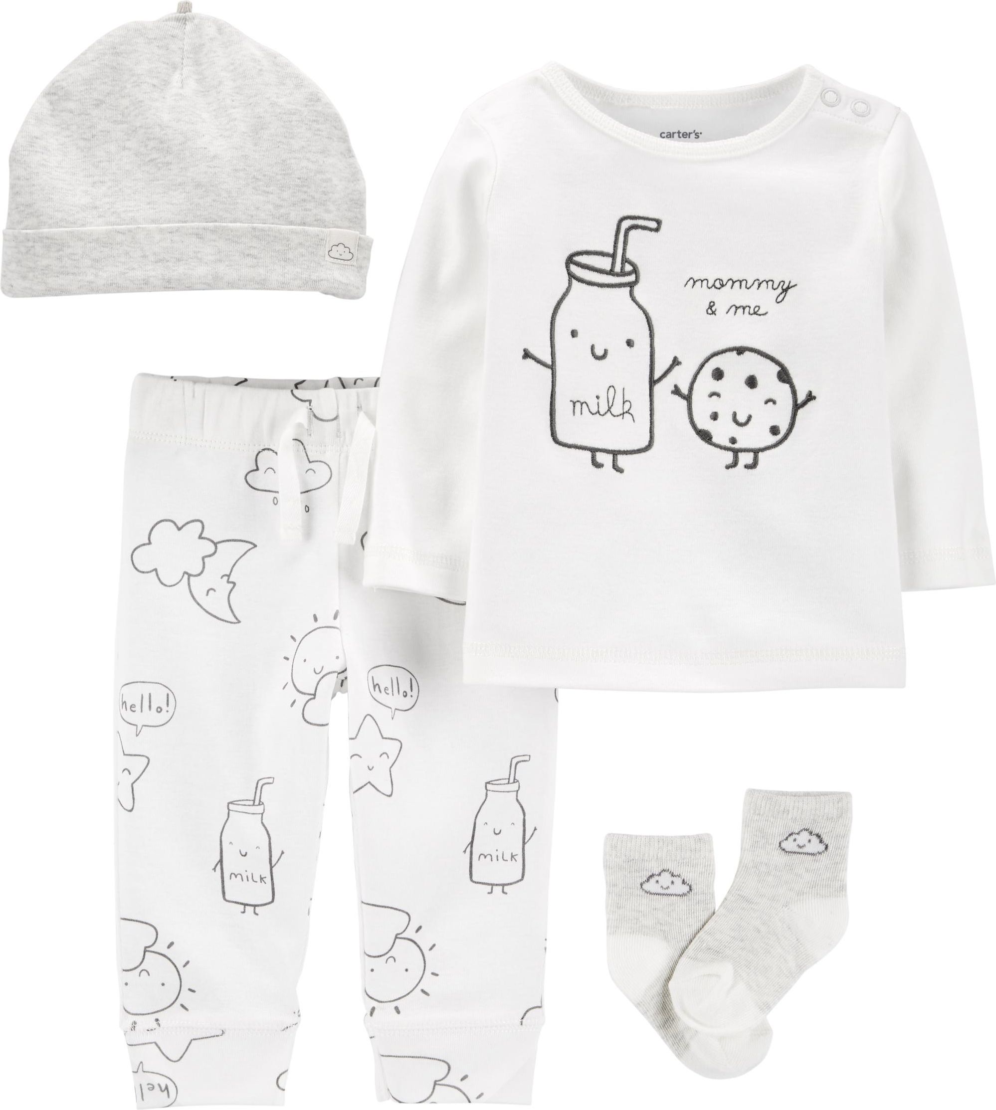CARTER'S Set 4dílny tričko dl. rukáv, tepláky, ponožky, čepice Milk neutrál LBB 3m, vel. 62 - obrázek 1